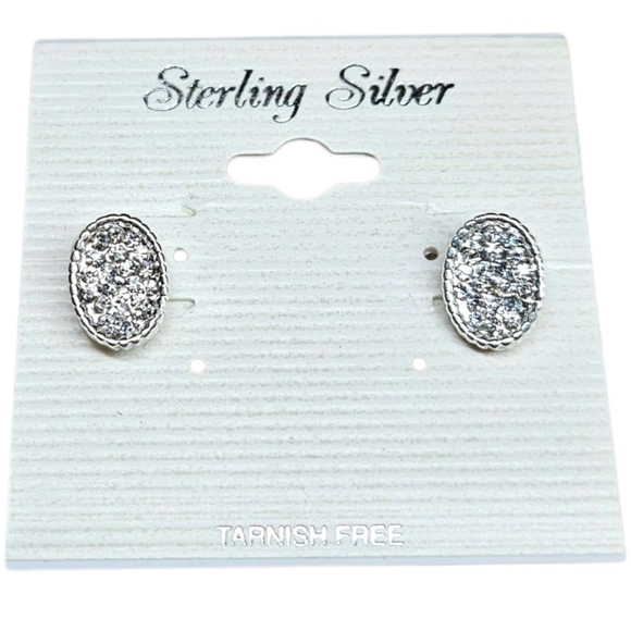Sterling Silver Oval Pavé CZ Stud Earrings – Rope Border, Tarnish-Free, Sparkle - Picture 1 of 5